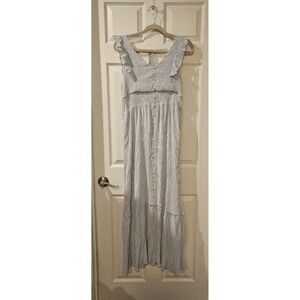 Lucy Paris Seersucker Stripe Maxi Dress Blue White Ruffle Strap XL Lined